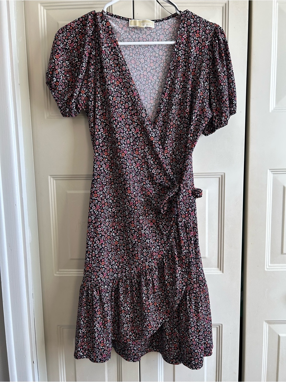 Michael Kors Black and Pink Floral Wrap Midi Dress